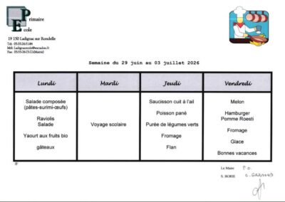 Menu de la cantine pour la période du 29 juin au 3 juillet 2026